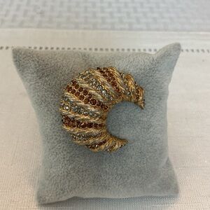 Crescent Moon Rhinestone Vintage Gold Tone Brooch